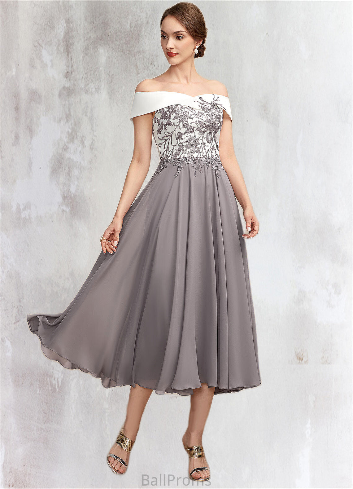 Yazmin A-Line Off-the-Shoulder Tea-Length Chiffon Lace Mother of the Bride Dress HJ126P0014680