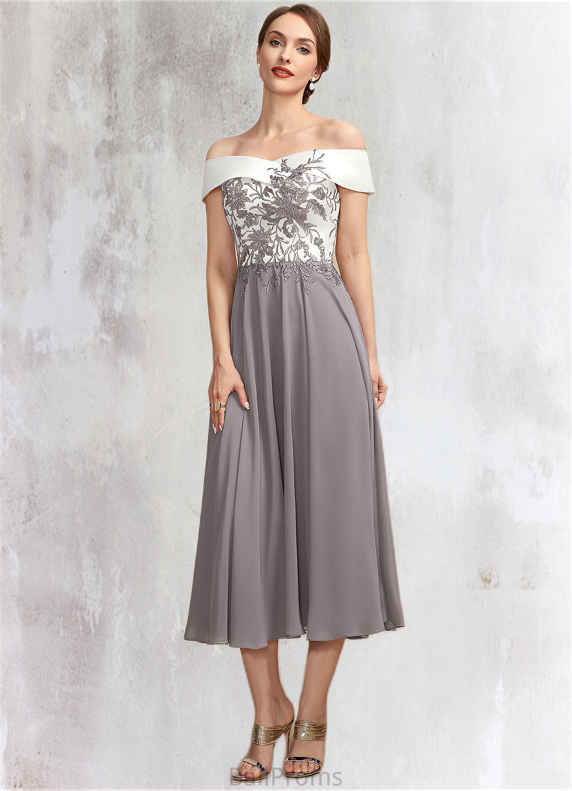 Yazmin A-Line Off-the-Shoulder Tea-Length Chiffon Lace Mother of the Bride Dress HJ126P0014680