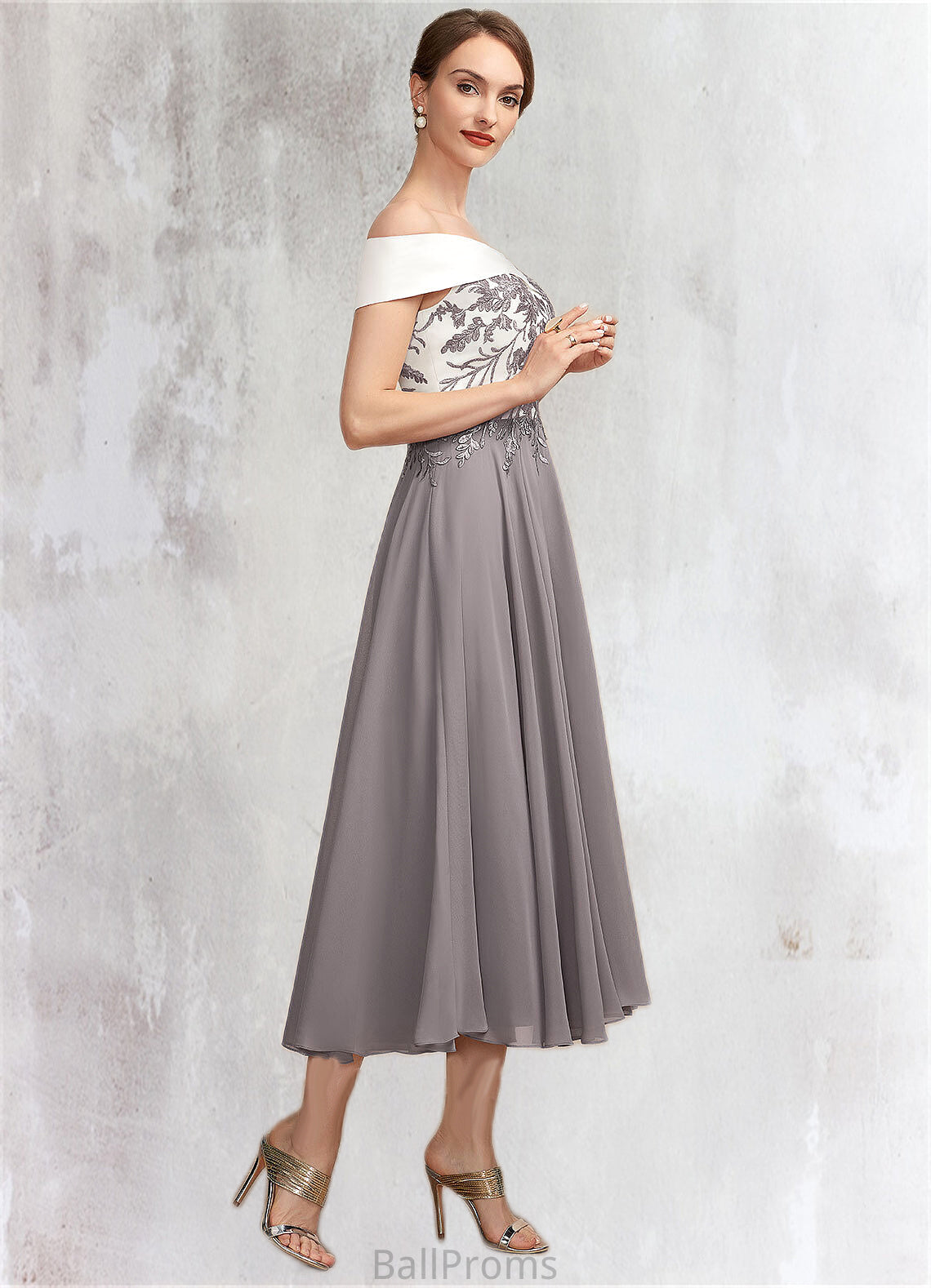 Yazmin A-Line Off-the-Shoulder Tea-Length Chiffon Lace Mother of the Bride Dress HJ126P0014680