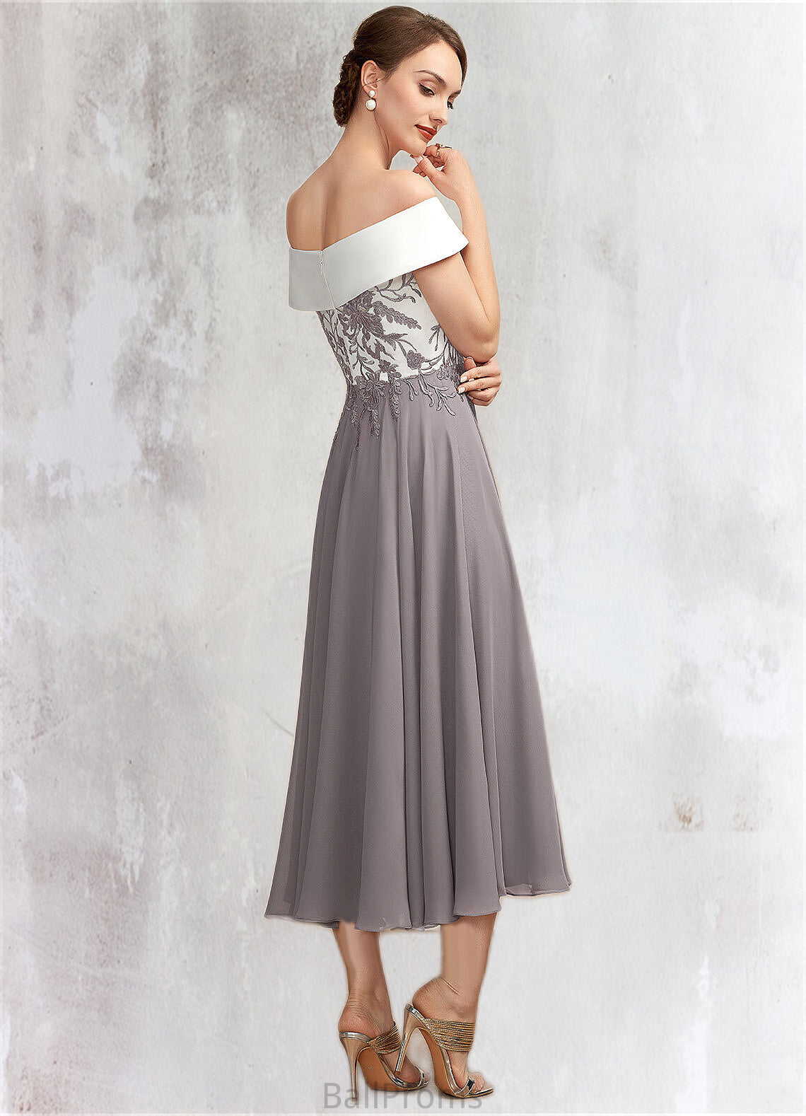 Yazmin A-Line Off-the-Shoulder Tea-Length Chiffon Lace Mother of the Bride Dress HJ126P0014680