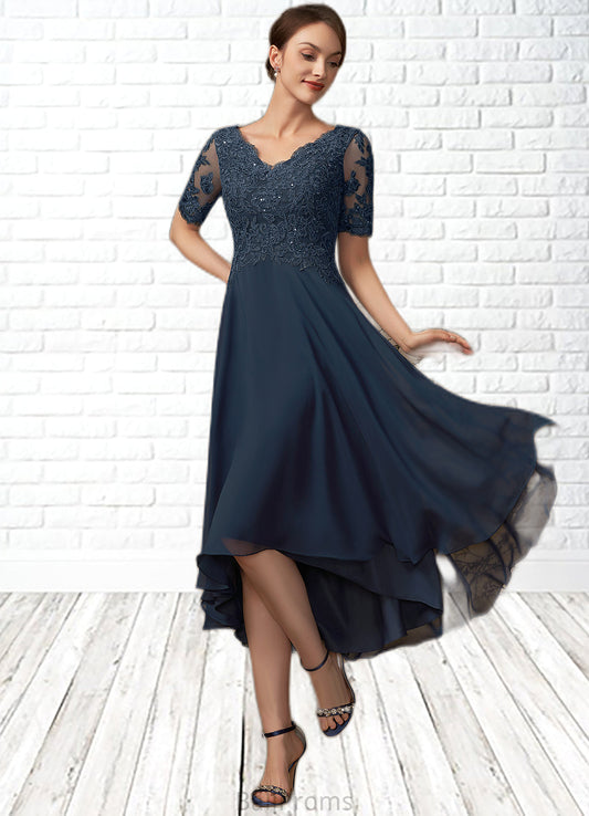 Tina A-line V-Neck Asymmetrical Chiffon Lace Mother of the Bride Dress With Sequins HJ126P0014686