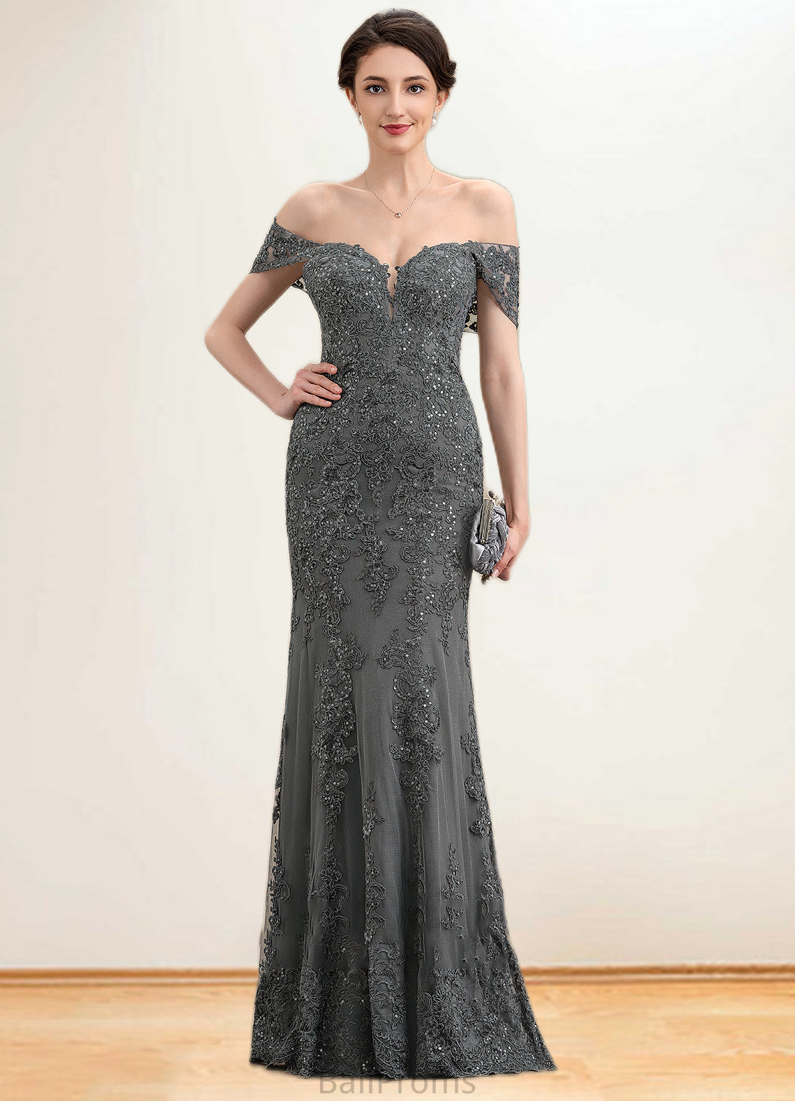 Zariah Trumpet/Mermaid Off-the-Shoulder Floor-Length Tulle Lace Mother of the Bride Dress With Sequins HJ126P0014731