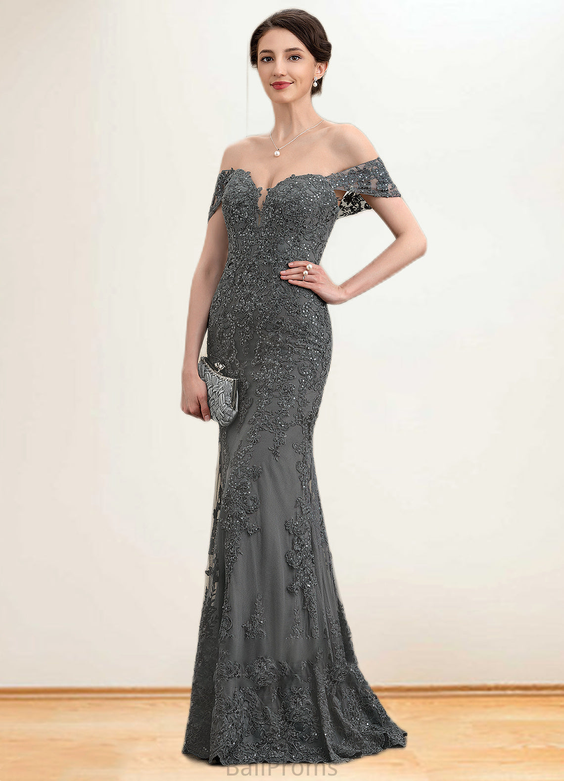 Zariah Trumpet/Mermaid Off-the-Shoulder Floor-Length Tulle Lace Mother of the Bride Dress With Sequins HJ126P0014731