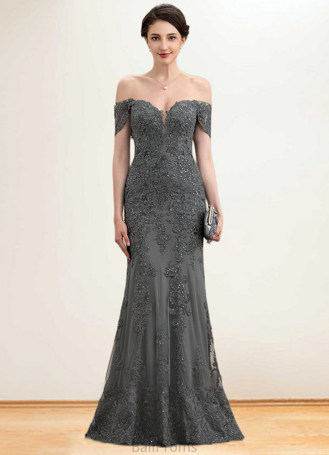 Zariah Trumpet/Mermaid Off-the-Shoulder Floor-Length Tulle Lace Mother of the Bride Dress With Sequins HJ126P0014731