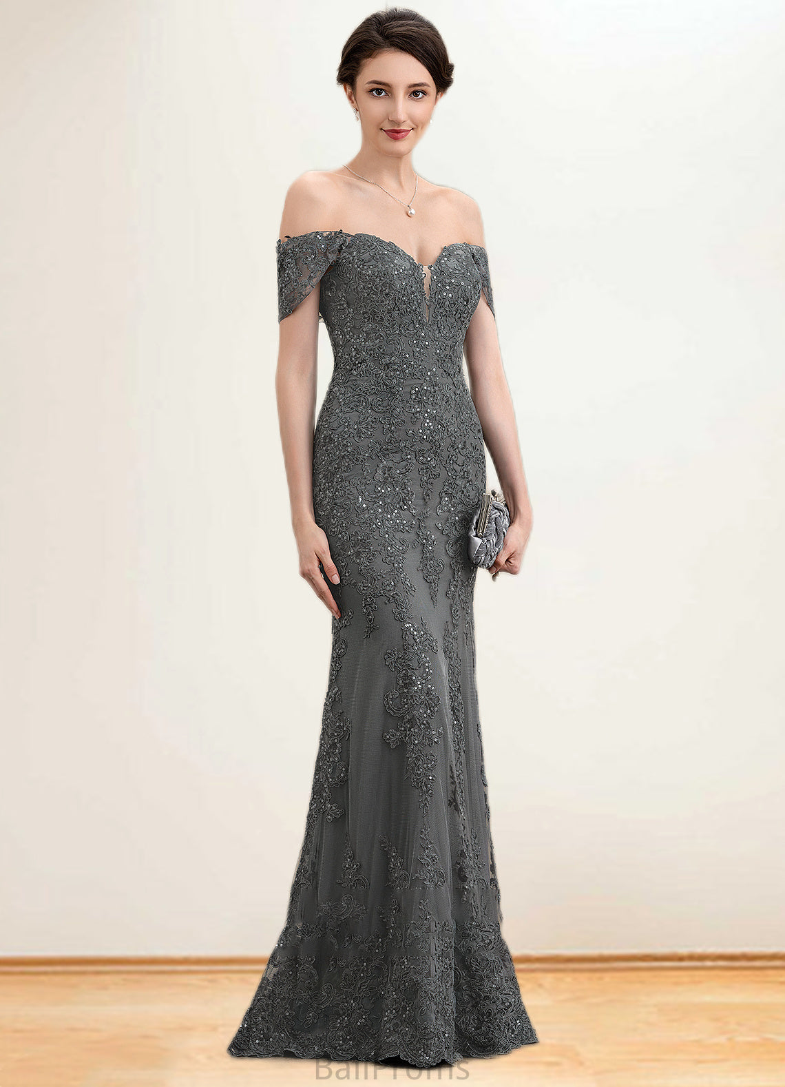 Zariah Trumpet/Mermaid Off-the-Shoulder Floor-Length Tulle Lace Mother of the Bride Dress With Sequins HJ126P0014731