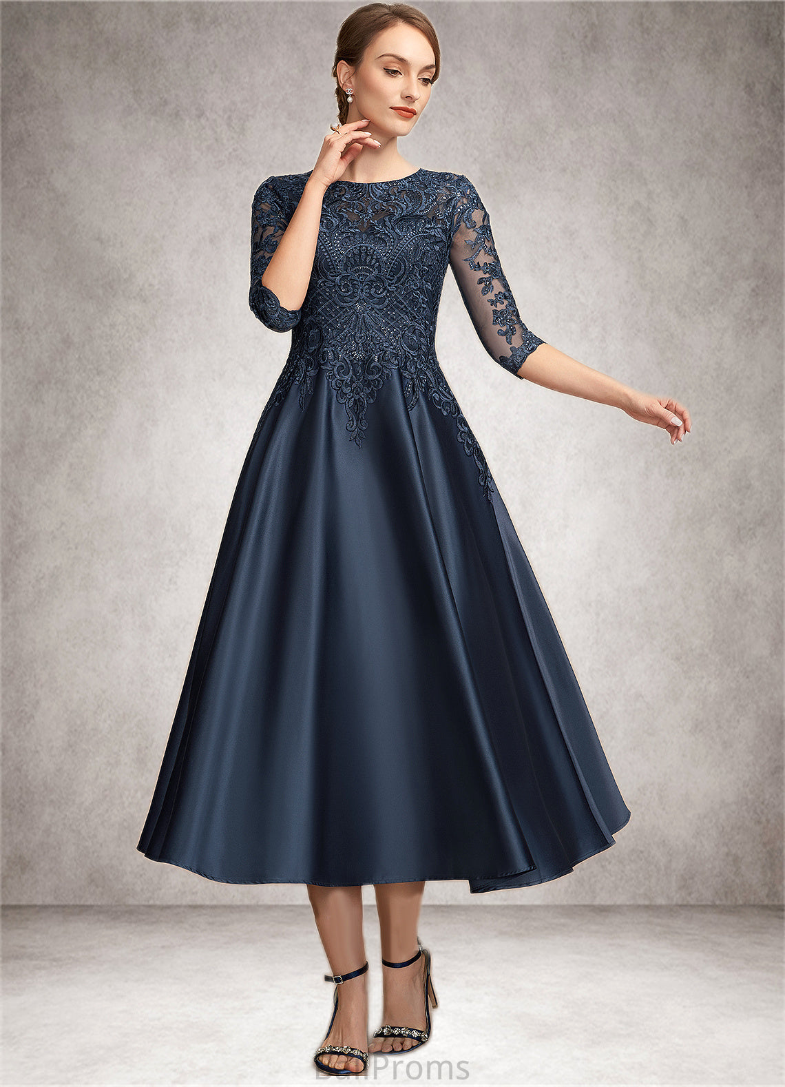 Wendy A-Line Scoop Neck Tea-Length Satin Lace Mother of the Bride Dress With Sequins HJ126P0014736