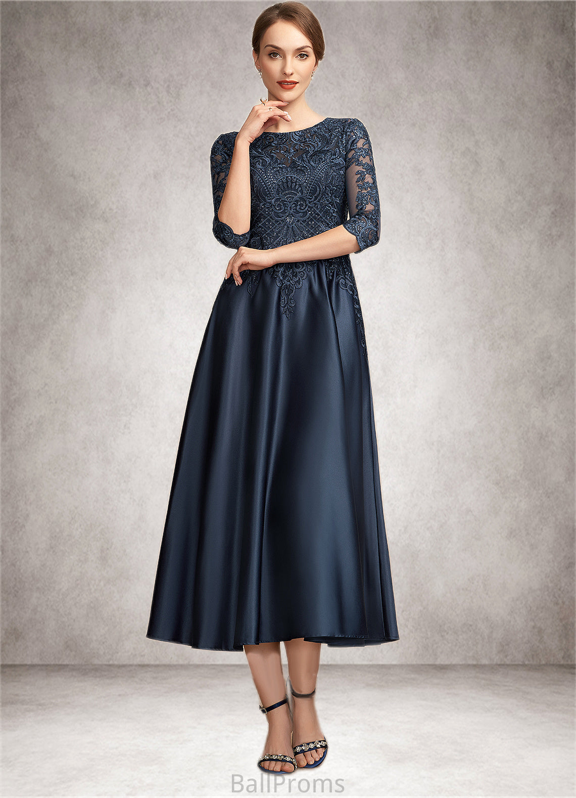 Wendy A-Line Scoop Neck Tea-Length Satin Lace Mother of the Bride Dress With Sequins HJ126P0014736