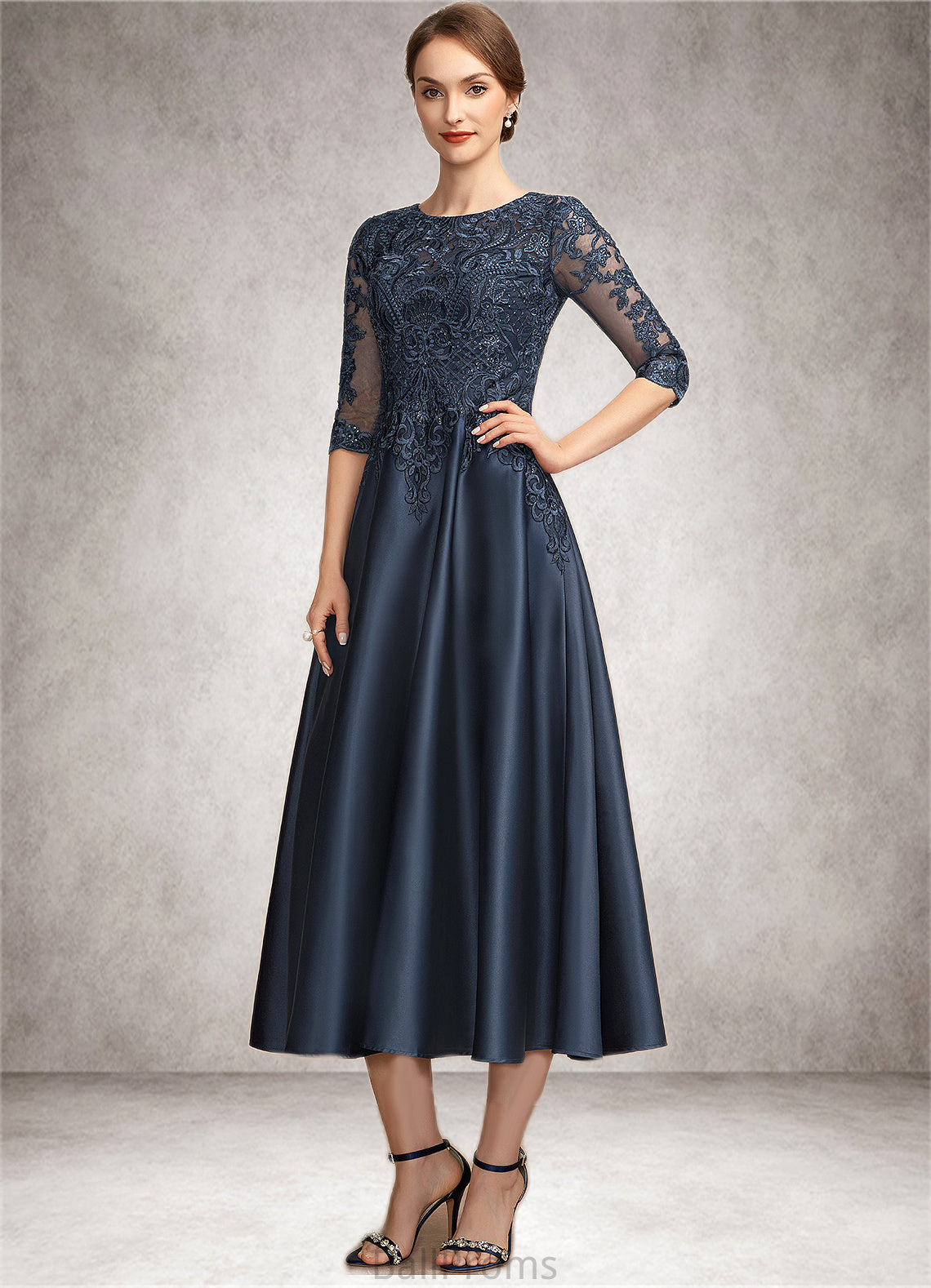 Wendy A-Line Scoop Neck Tea-Length Satin Lace Mother of the Bride Dress With Sequins HJ126P0014736