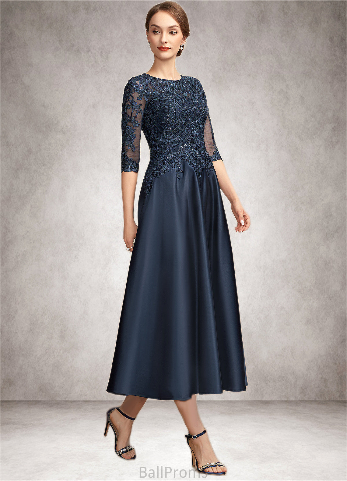 Wendy A-Line Scoop Neck Tea-Length Satin Lace Mother of the Bride Dress With Sequins HJ126P0014736