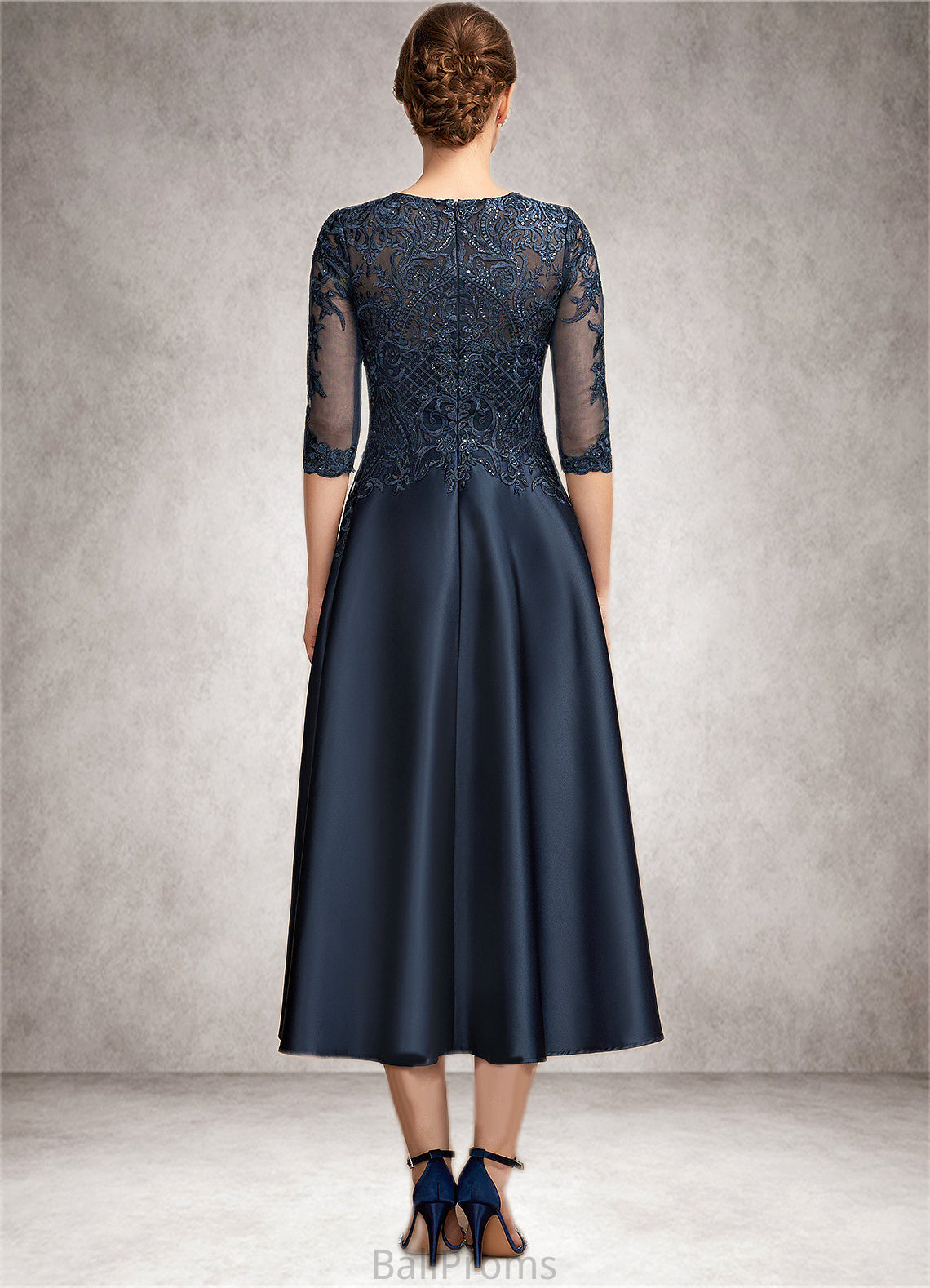 Wendy A-Line Scoop Neck Tea-Length Satin Lace Mother of the Bride Dress With Sequins HJ126P0014736