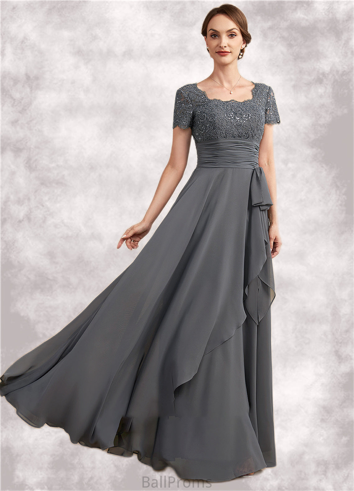 Violet A-Line Square Neckline Floor-Length Chiffon Lace Mother of the Bride Dress With Ruffle Sequins HJ126P0014770