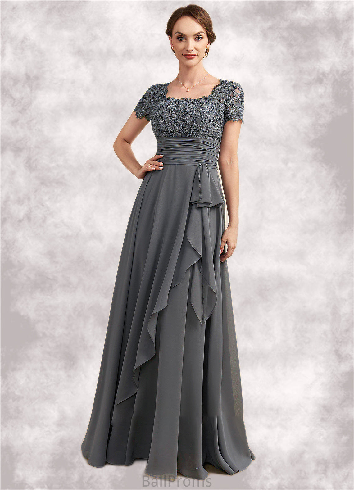 Violet A-Line Square Neckline Floor-Length Chiffon Lace Mother of the Bride Dress With Ruffle Sequins HJ126P0014770