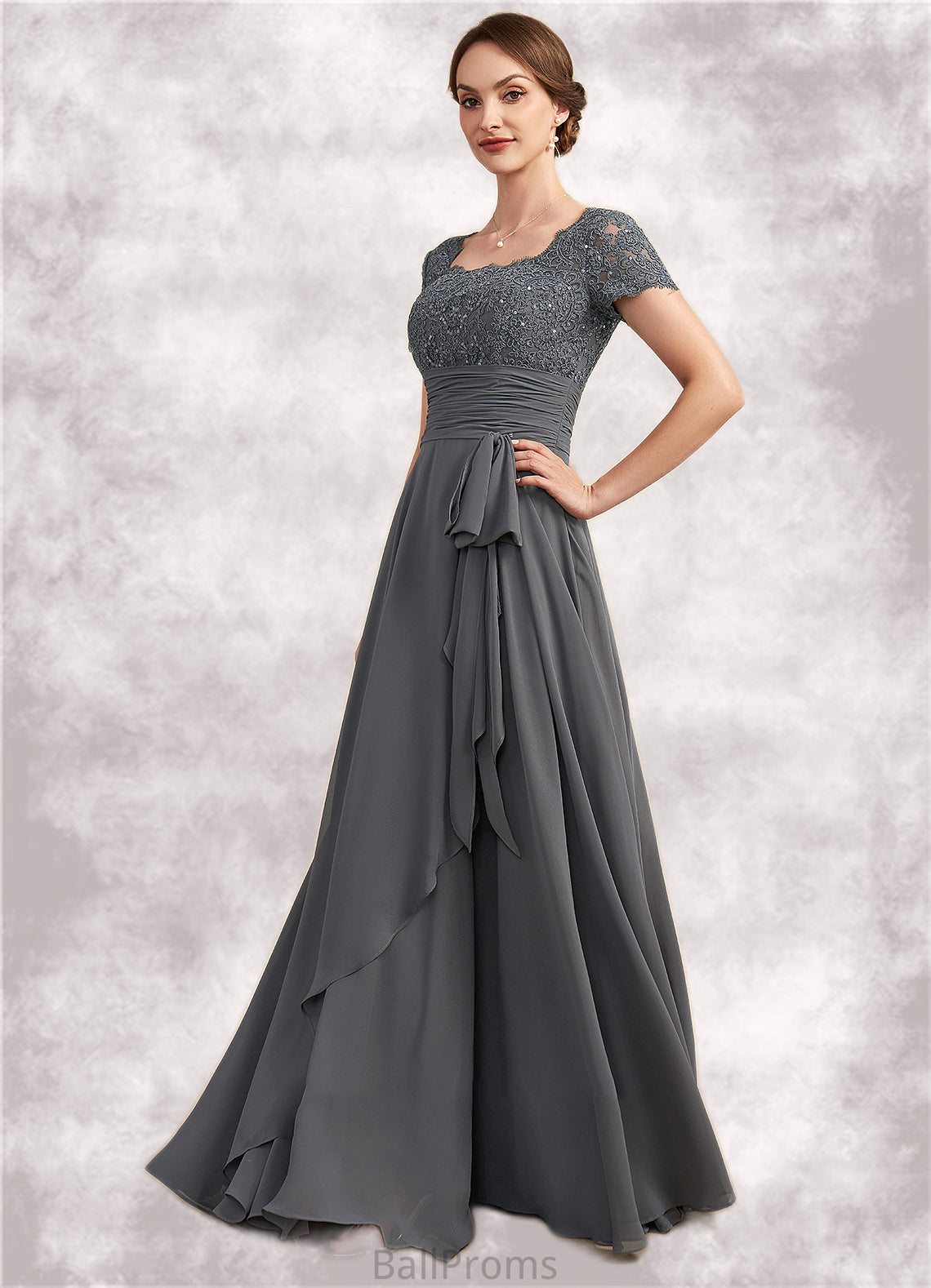 Violet A-Line Square Neckline Floor-Length Chiffon Lace Mother of the Bride Dress With Ruffle Sequins HJ126P0014770