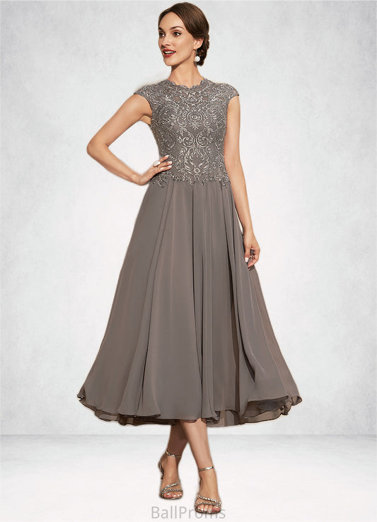 Wendy A-Line Scoop Neck Tea-Length Chiffon Lace Mother of the Bride Dress With Beading HJ126P0014774