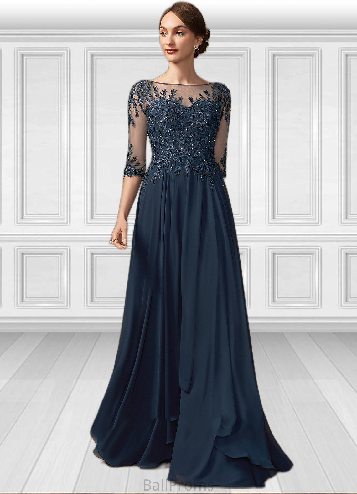 Ursula A-Line Scoop Neck Floor-Length Chiffon Lace Mother of the Bride Dress With Beading Sequins HJ126P0014795