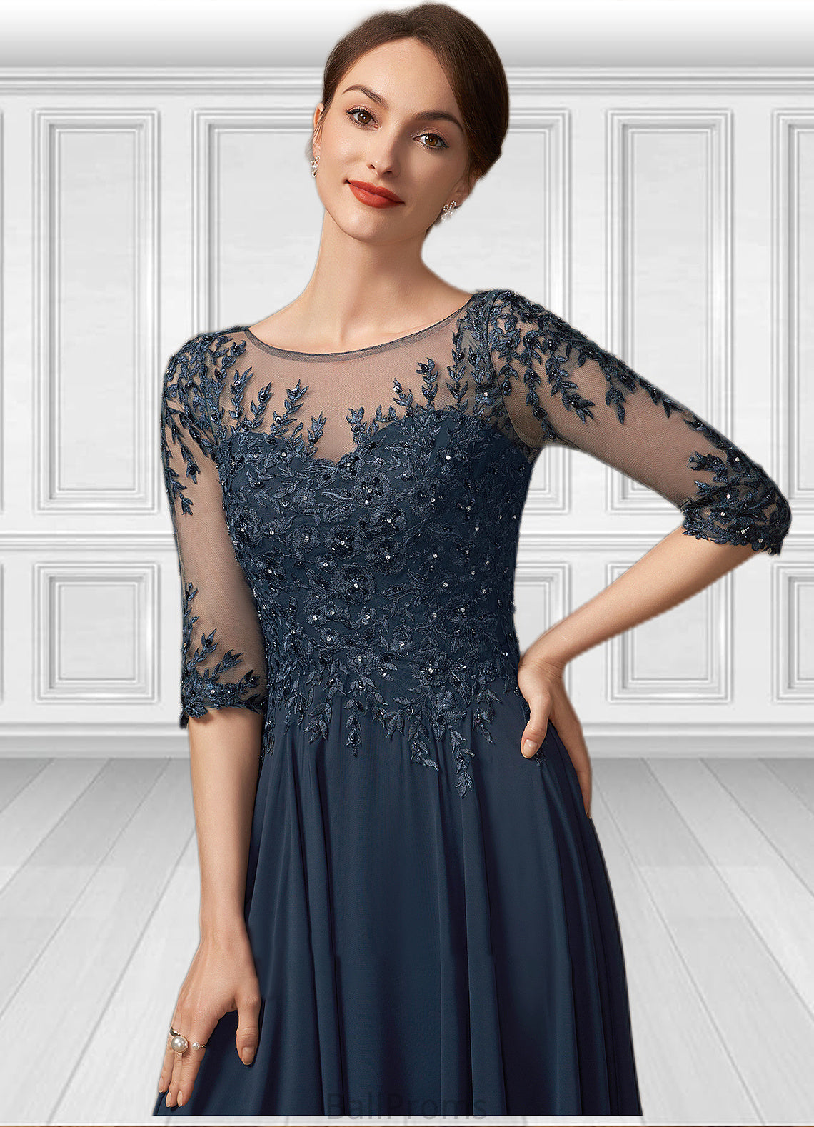 Ursula A-Line Scoop Neck Floor-Length Chiffon Lace Mother of the Bride Dress With Beading Sequins HJ126P0014795