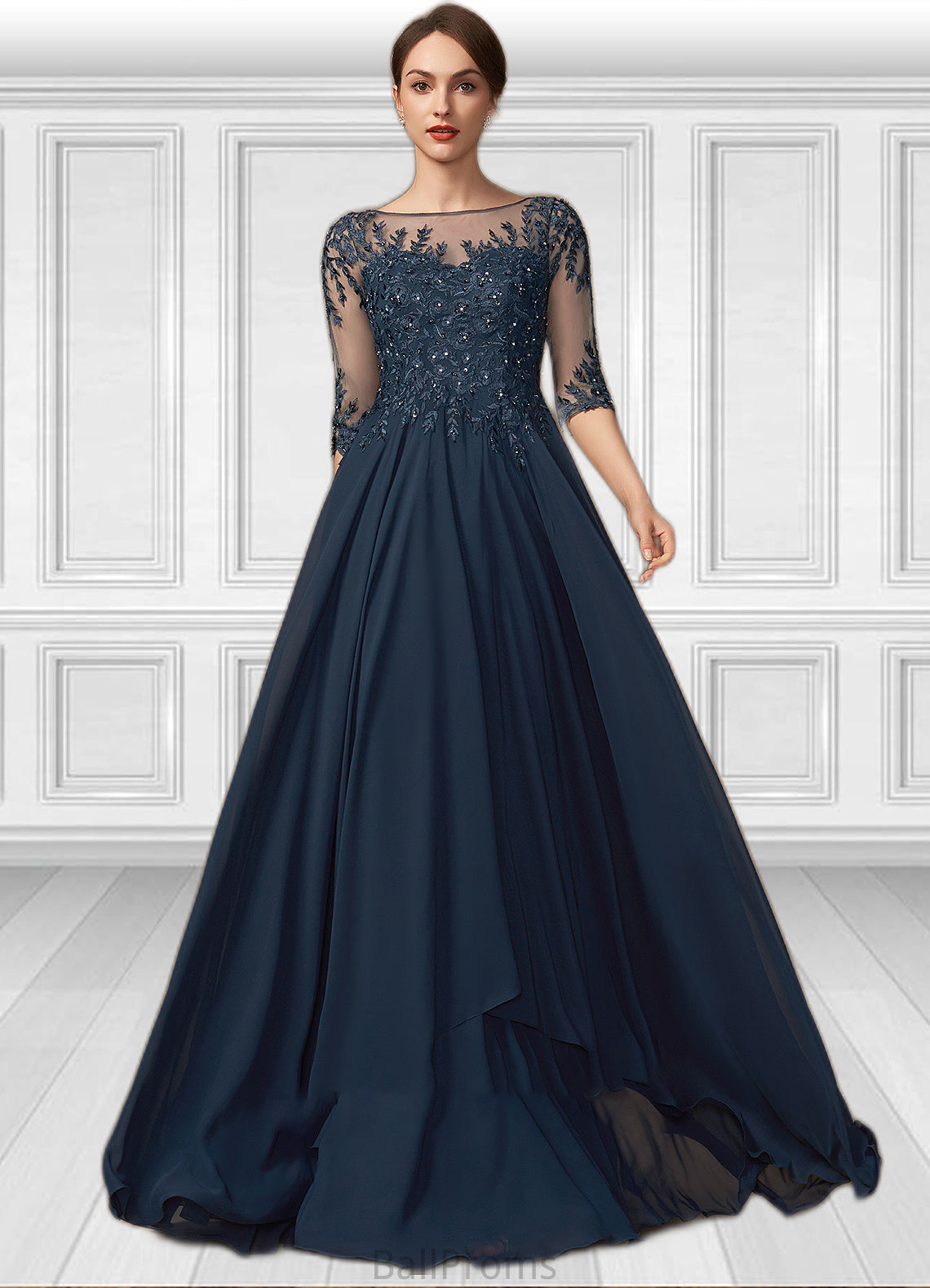 Ursula A-Line Scoop Neck Floor-Length Chiffon Lace Mother of the Bride Dress With Beading Sequins HJ126P0014795