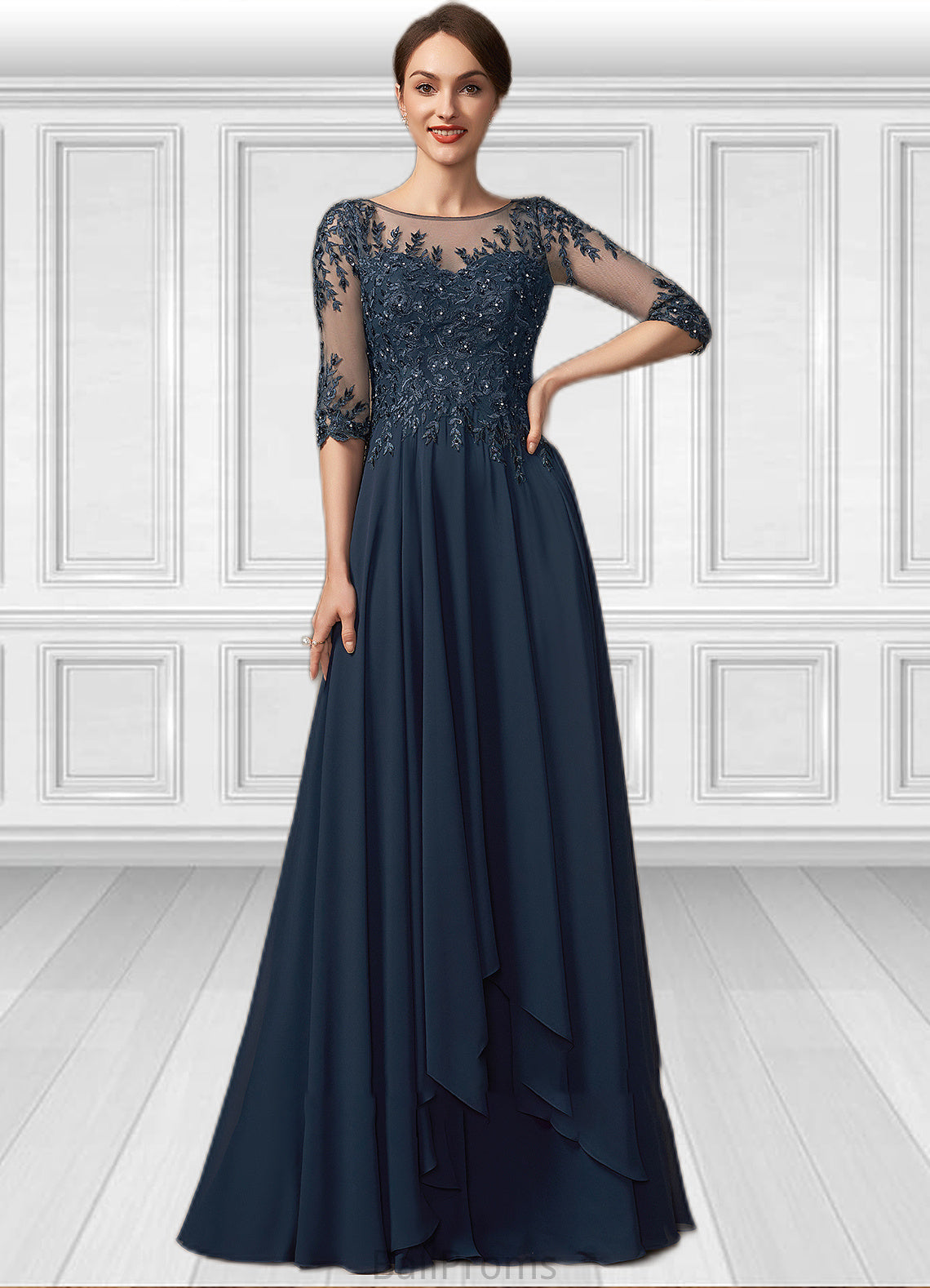 Ursula A-Line Scoop Neck Floor-Length Chiffon Lace Mother of the Bride Dress With Beading Sequins HJ126P0014795