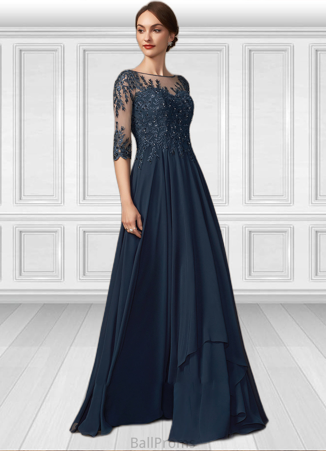 Ursula A-Line Scoop Neck Floor-Length Chiffon Lace Mother of the Bride Dress With Beading Sequins HJ126P0014795