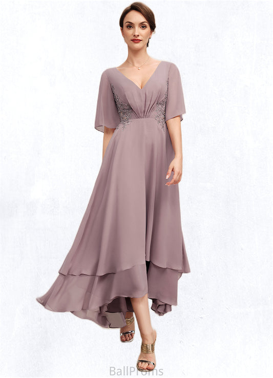 Yasmin A-Line V-neck Asymmetrical Chiffon Mother of the Bride Dress With Ruffle Lace Beading HJ126P0014839