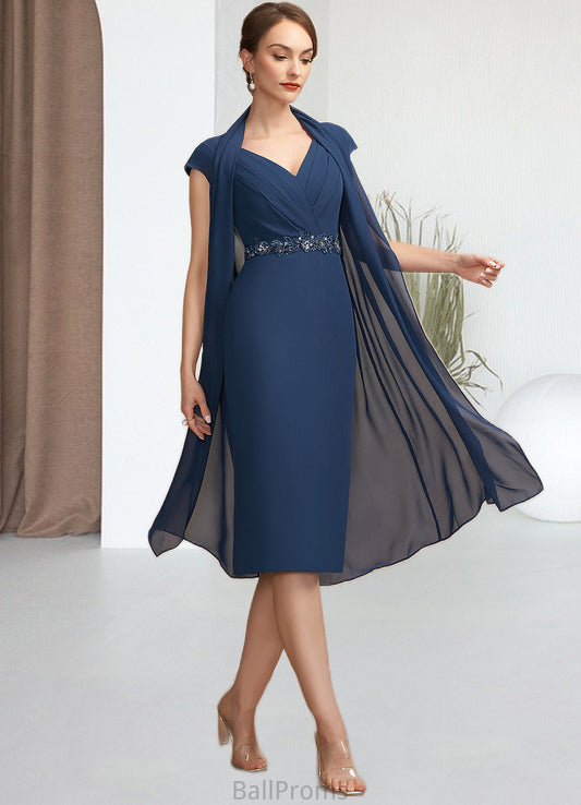 Zoe Sheath/Column V-neck Knee-Length Chiffon Mother of the Bride Dress With Ruffle Beading Sequins HJ126P0014847