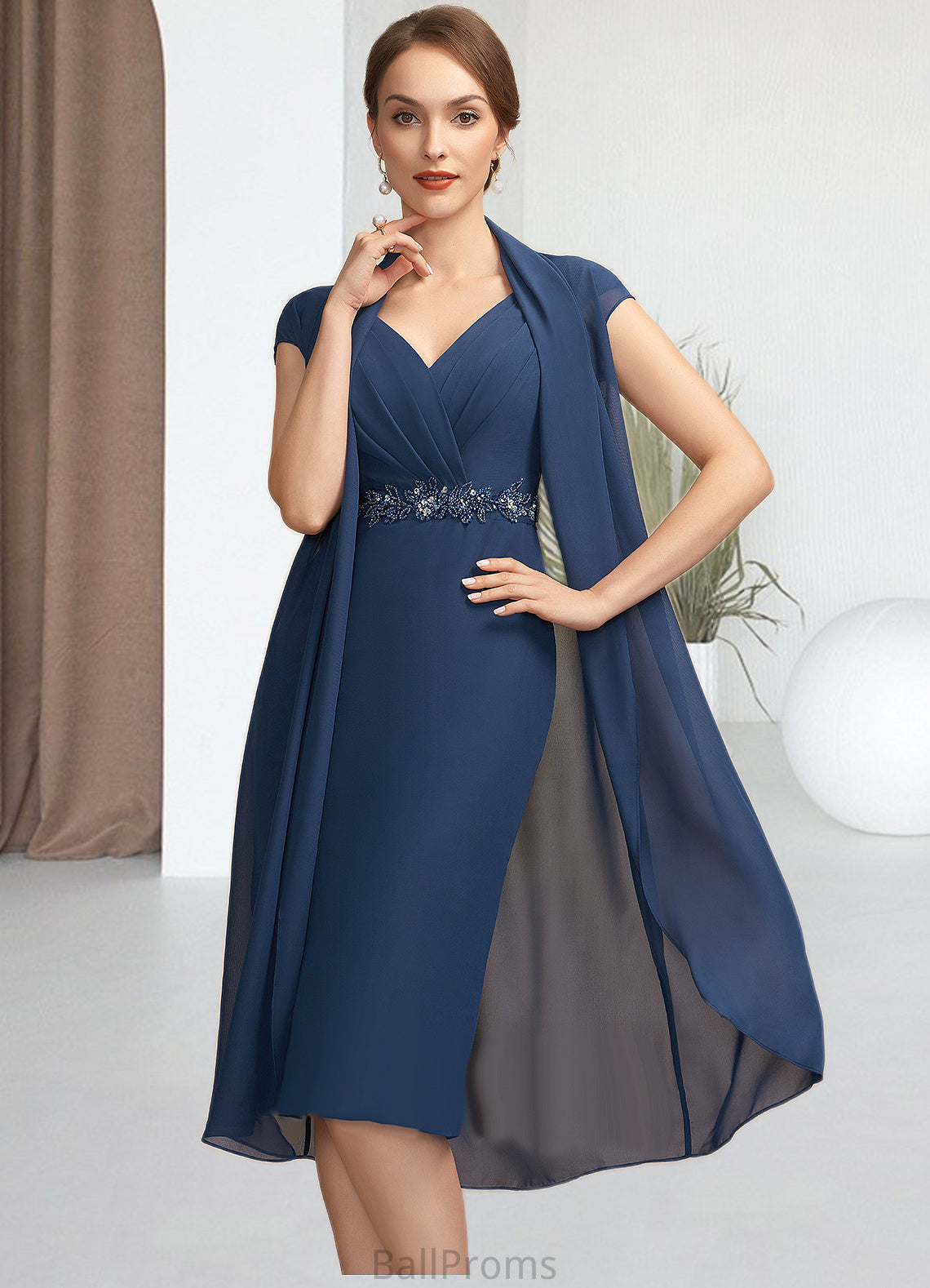 Zoe Sheath/Column V-neck Knee-Length Chiffon Mother of the Bride Dress With Ruffle Beading Sequins HJ126P0014847