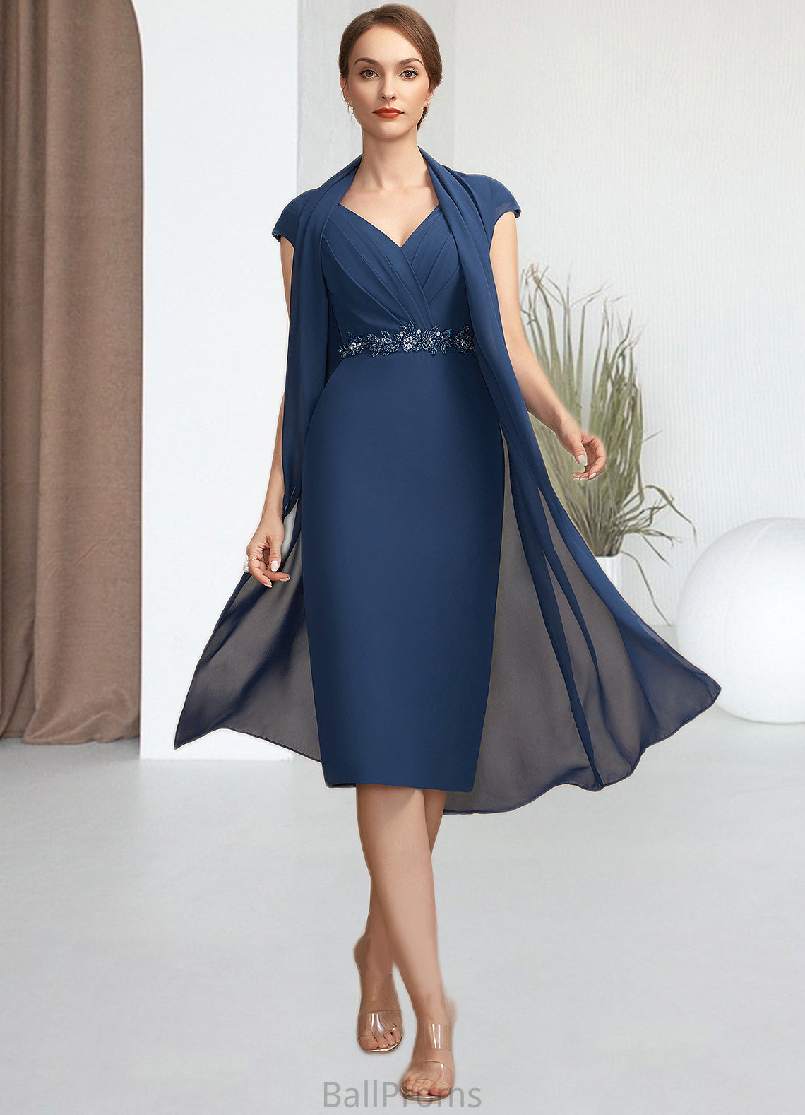 Zoe Sheath/Column V-neck Knee-Length Chiffon Mother of the Bride Dress With Ruffle Beading Sequins HJ126P0014847