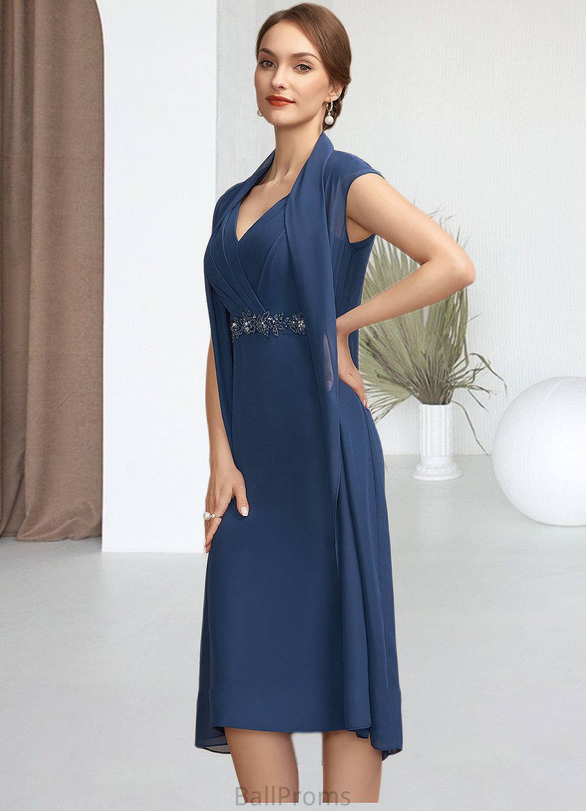 Zoe Sheath/Column V-neck Knee-Length Chiffon Mother of the Bride Dress With Ruffle Beading Sequins HJ126P0014847