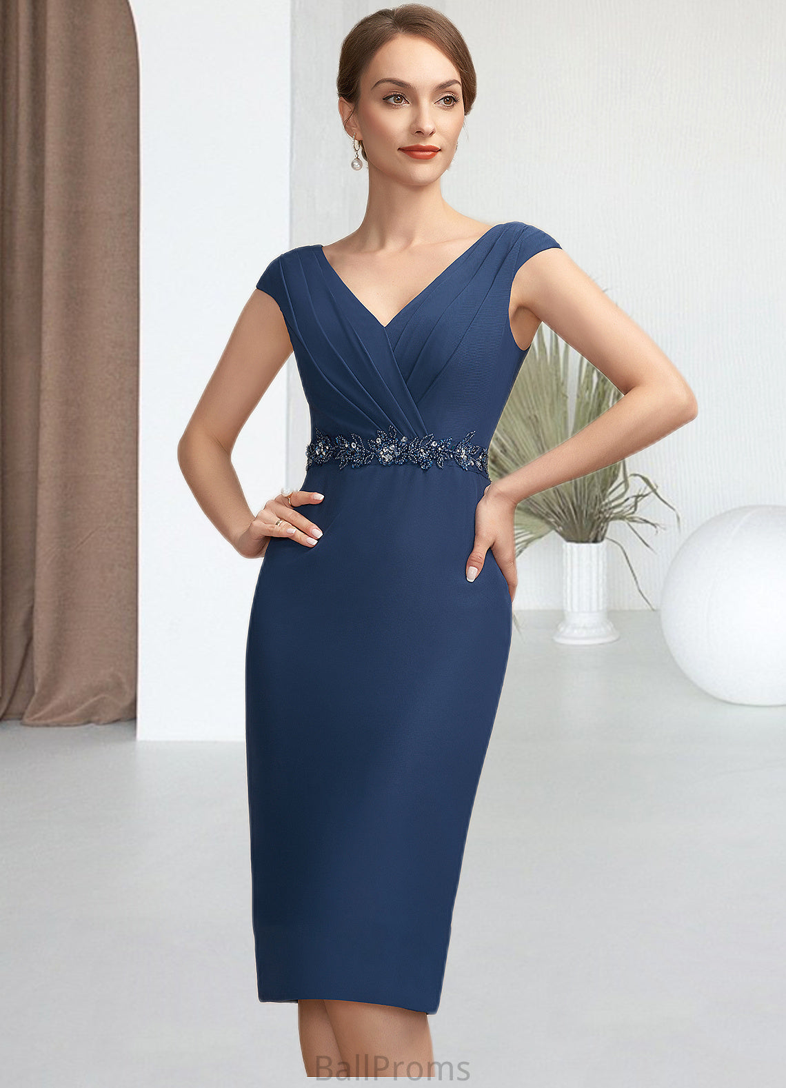 Zoe Sheath/Column V-neck Knee-Length Chiffon Mother of the Bride Dress With Ruffle Beading Sequins HJ126P0014847