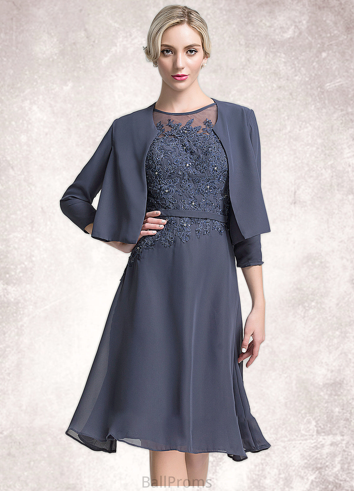 Yazmin A-Line Scoop Neck Knee-Length Chiffon Mother of the Bride Dress With Beading Sequins HJ126P0014871