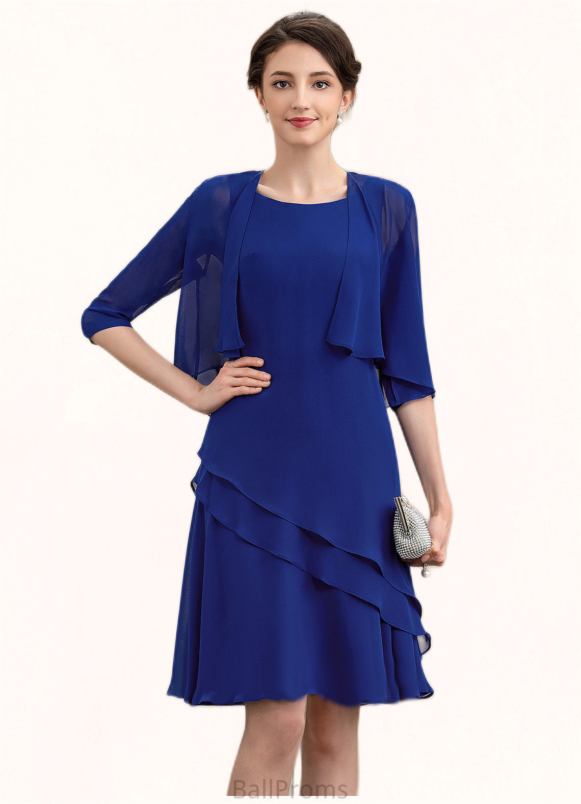 Val A-Line Scoop Neck Knee-Length Chiffon Mother of the Bride Dress With Cascading Ruffles HJ126P0014884