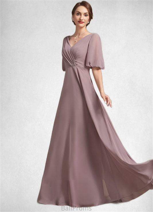 Vicky A-Line V-neck Floor-Length Chiffon Mother of the Bride Dress With Ruffle HJ126P0014992