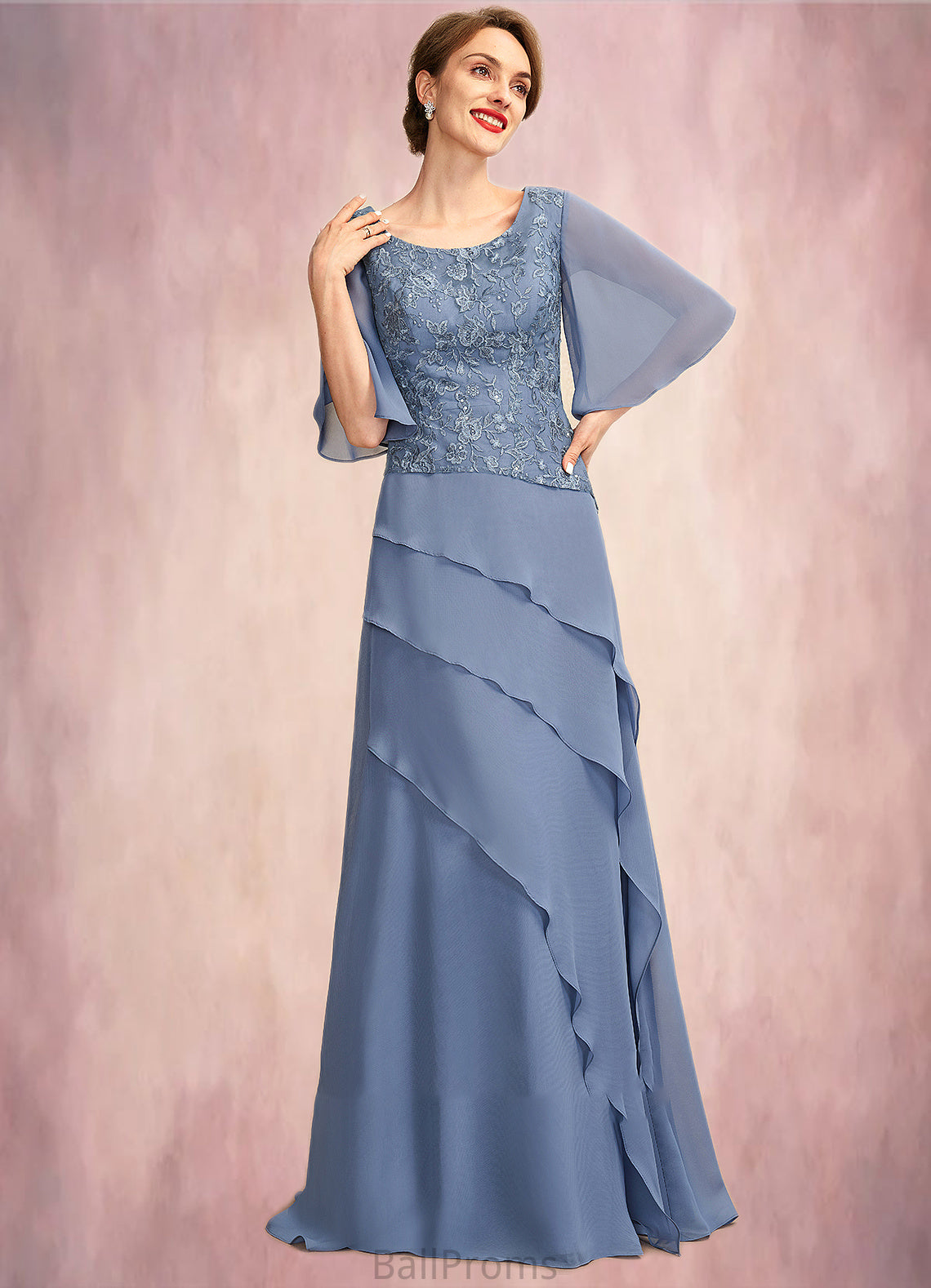 Undine A-Line Scoop Neck Floor-Length Chiffon Lace Mother of the Bride Dress With Sequins Cascading Ruffles HJ126P0014997