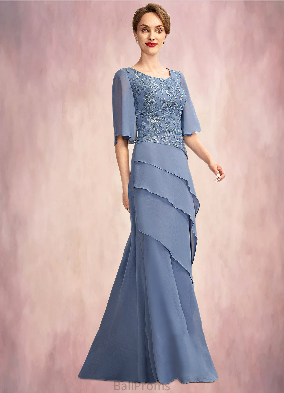 Undine A-Line Scoop Neck Floor-Length Chiffon Lace Mother of the Bride Dress With Sequins Cascading Ruffles HJ126P0014997