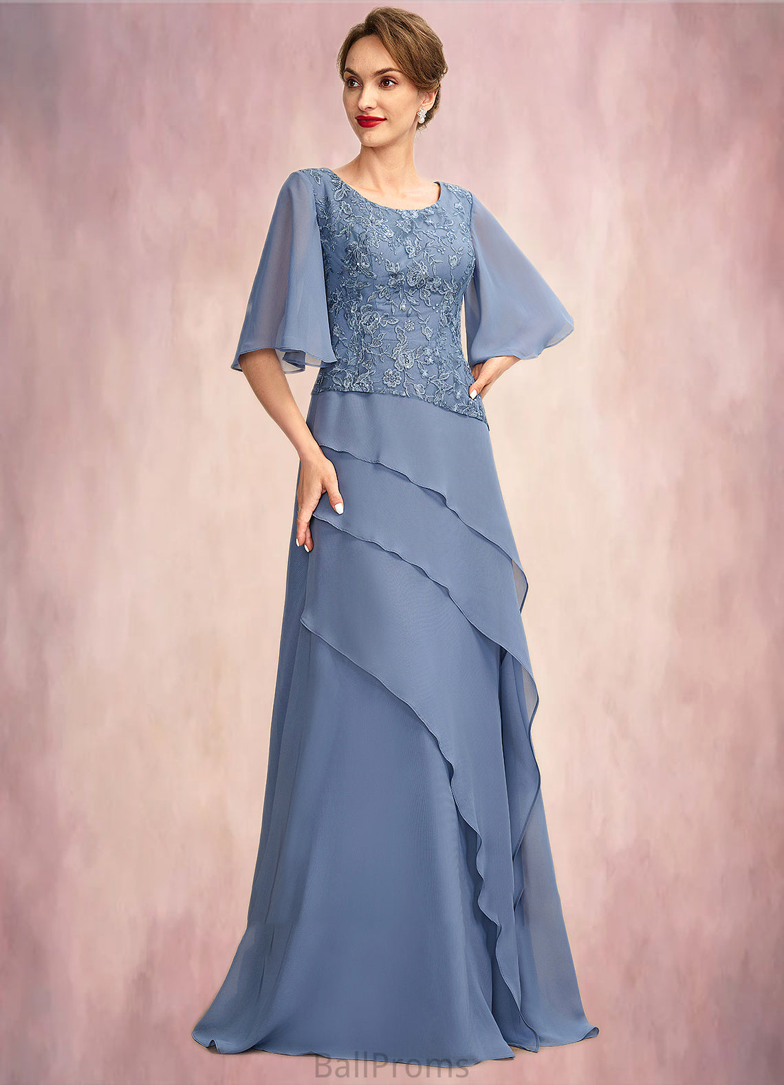 Undine A-Line Scoop Neck Floor-Length Chiffon Lace Mother of the Bride Dress With Sequins Cascading Ruffles HJ126P0014997