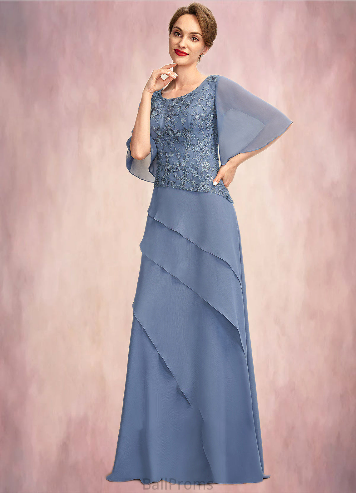 Undine A-Line Scoop Neck Floor-Length Chiffon Lace Mother of the Bride Dress With Sequins Cascading Ruffles HJ126P0014997