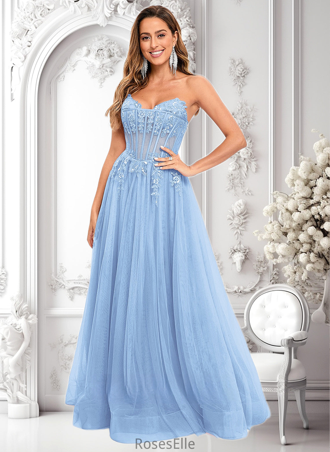 Mckenna Ball-Gown/Princess V-Neck Floor-Length Tulle Prom Dresses With Sequins Appliques Lace HJP0025837