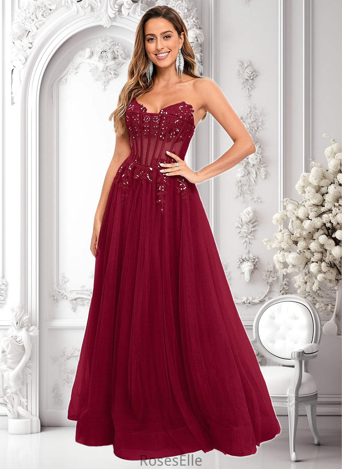 Mckenna Ball-Gown/Princess V-Neck Floor-Length Tulle Prom Dresses With Sequins Appliques Lace HJP0025837