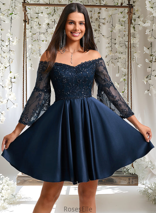 Ashleigh A-line Off the Shoulder Short Satin Homecoming Dress With Sequins HJP0025651