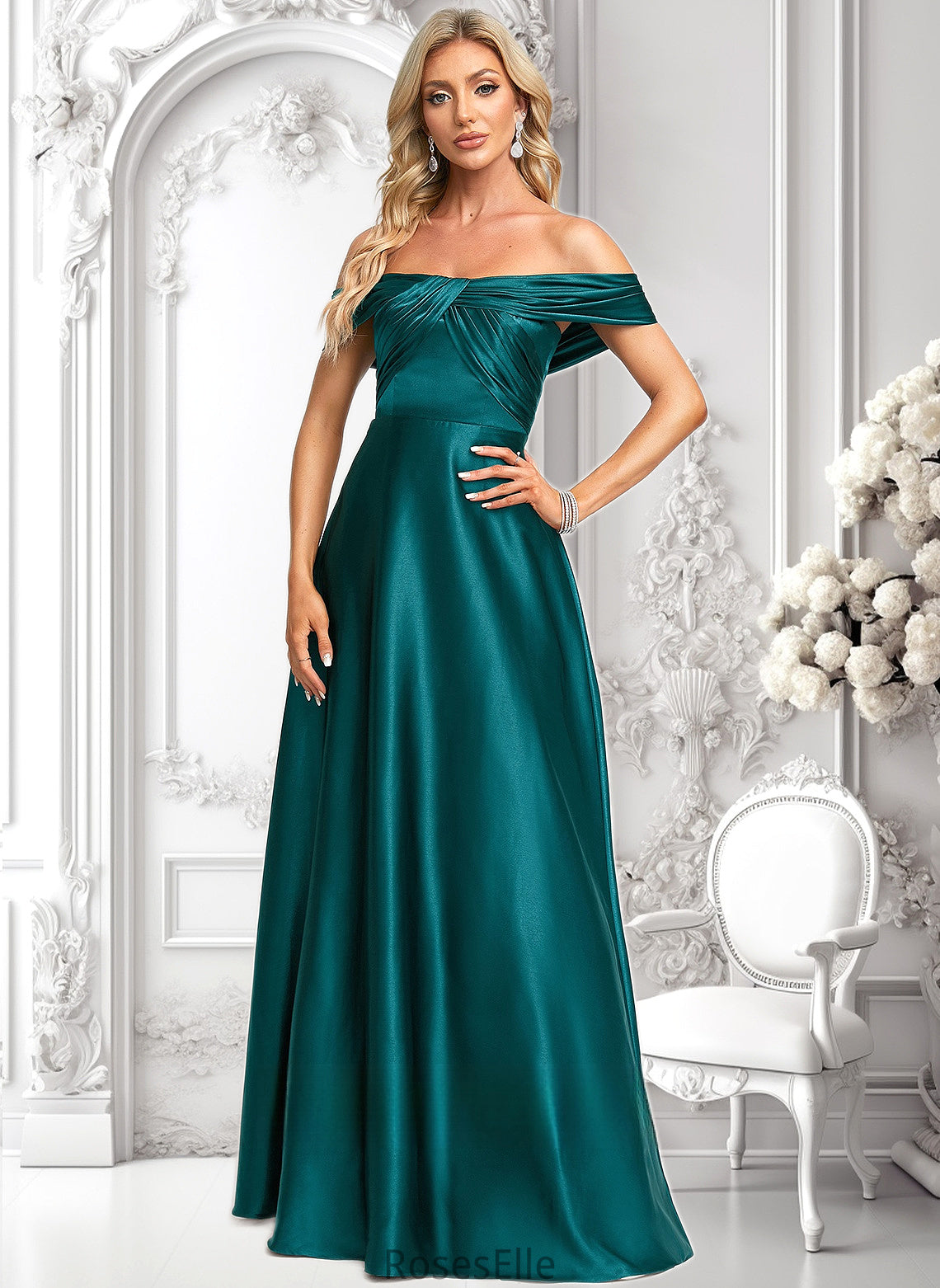 Yoselin A-line Off the Shoulder Floor-Length Stretch Satin Prom Dresses HJP0025879