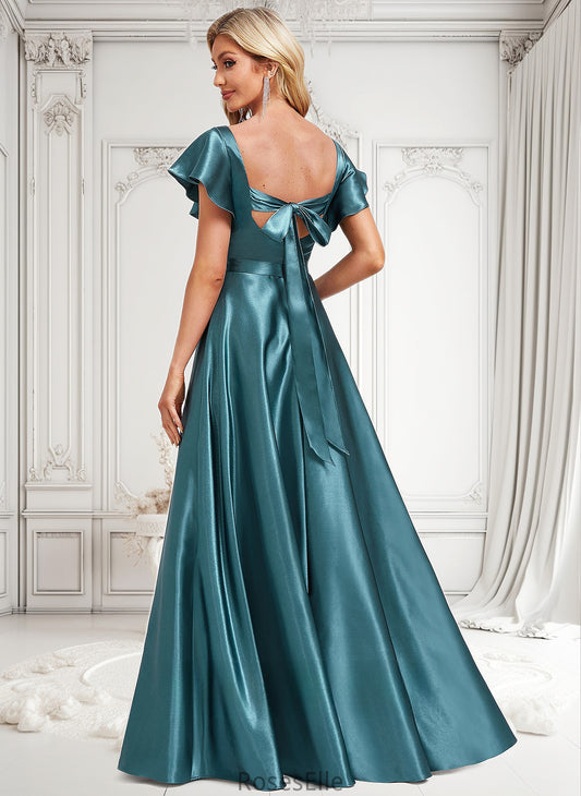 Caroline A-line V-Neck Floor-Length Stretch Satin Bridesmaid Dress With Ruffle HJP0025780