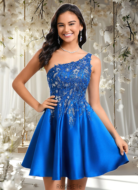 Jocelynn A-line One Shoulder Short Satin Homecoming Dress With Appliques Lace Sequins HJP0025657