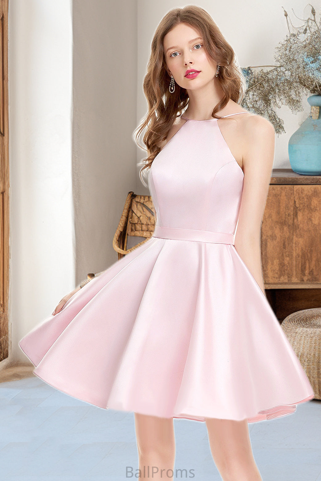 Grace A-line Scoop Short/Mini Satin Homecoming Dress HJP0020590