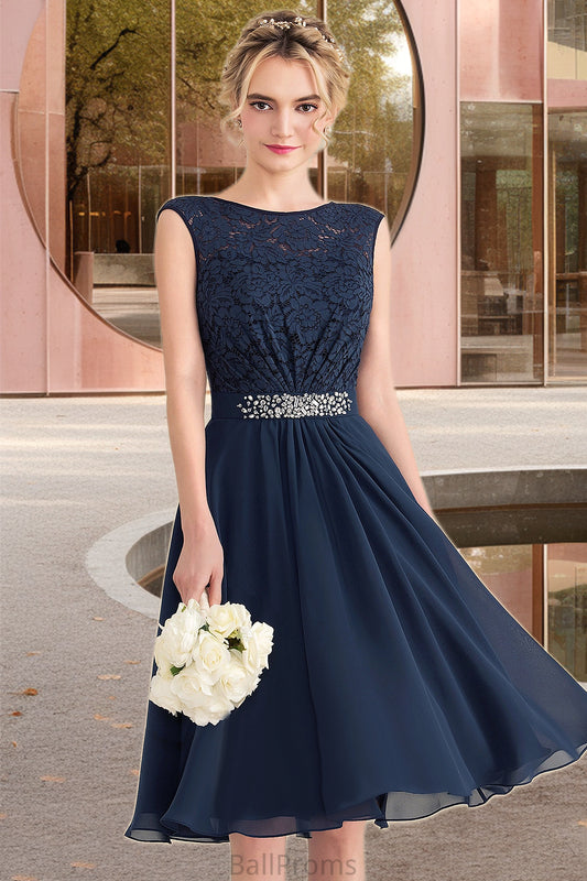 June A-line Scoop Knee-Length Chiffon Lace Homecoming Dress With Beading Bow HJP0020588