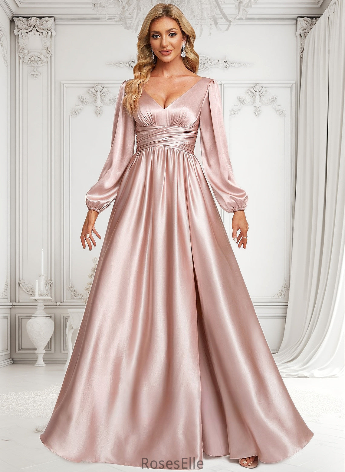 Tania A-line V-Neck Floor-Length Stretch Satin Prom Dresses HJP0025880