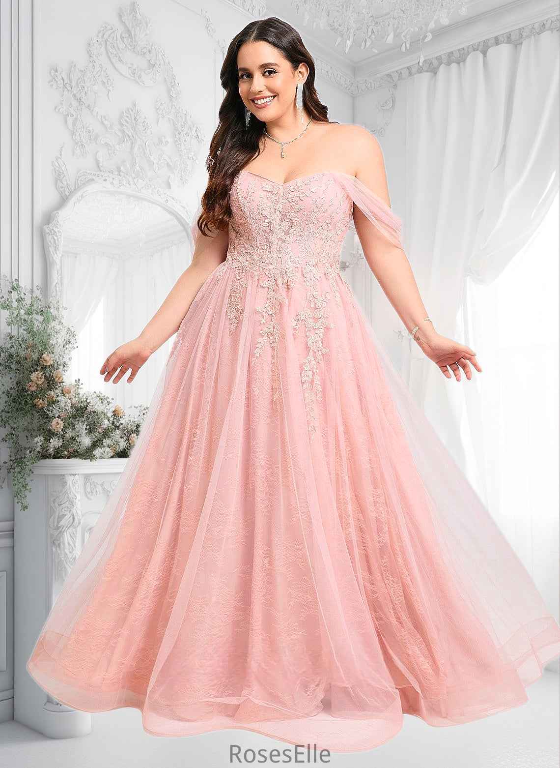 Bailee A-line Sweetheart Off the Shoulder Floor-Length Tulle Floral Lace Prom Dresses With Appliques Lace HJP0025870