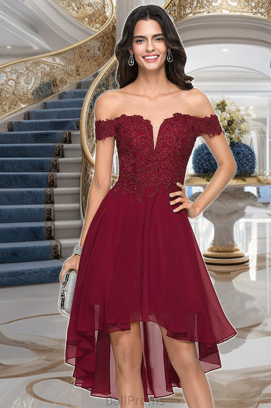 Polly A-line Off the Shoulder Asymmetrical Chiffon Homecoming Dress With Beading HJP0020582