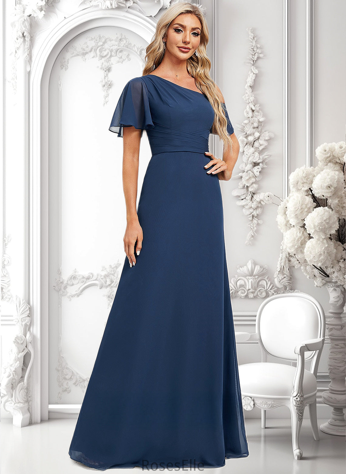 Maisie A-line Asymmetrical Floor-Length Chiffon Bridesmaid Dress With Ruffle HJP0025801