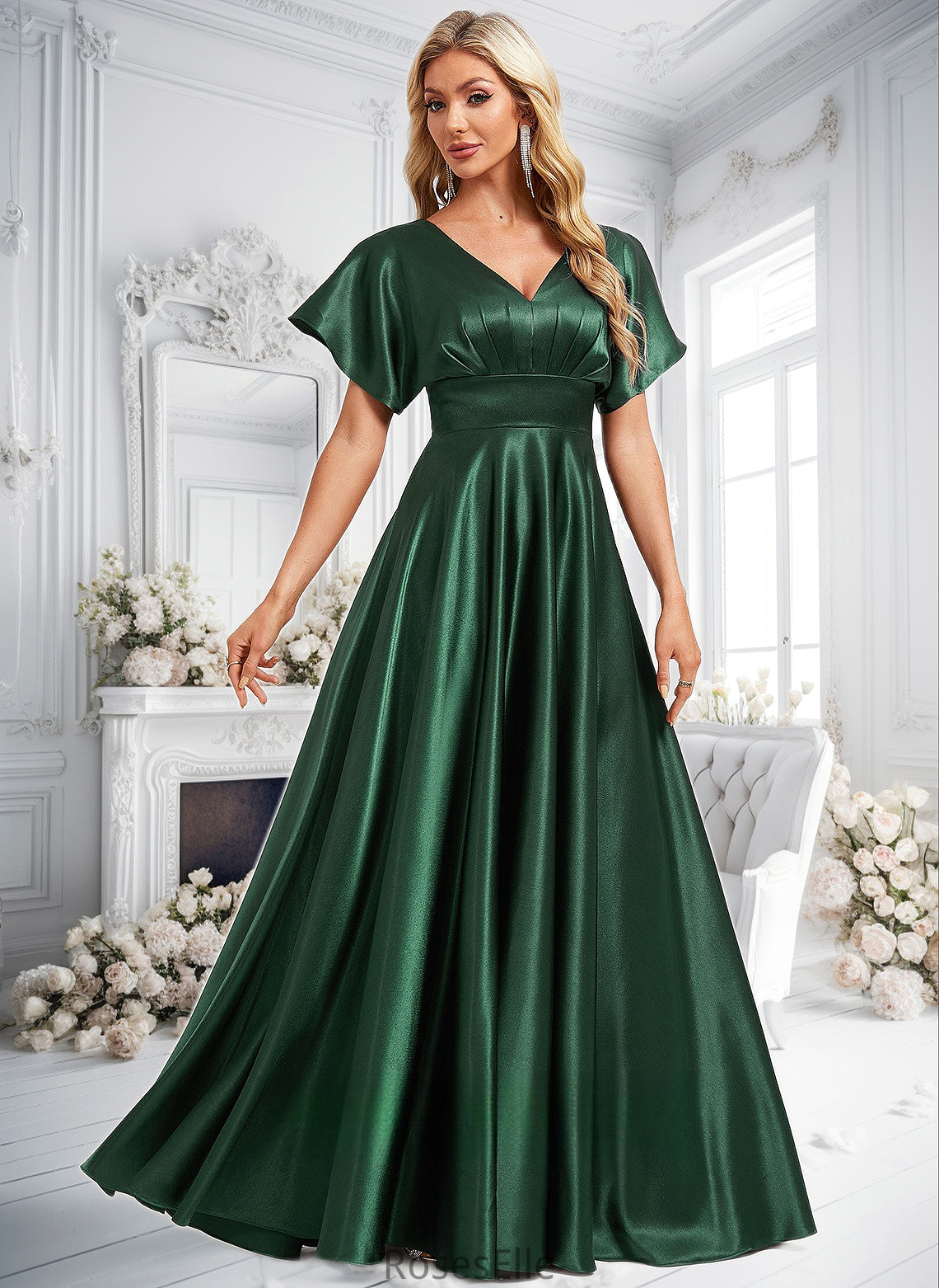 Izabella A-line V-Neck Floor-Length Stretch Satin Bridesmaid Dress HJP0025782