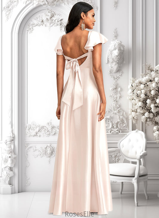 Sanaa A-line V-Neck Floor-Length Stretch Satin Bridesmaid Dress With Bow HJP0025759